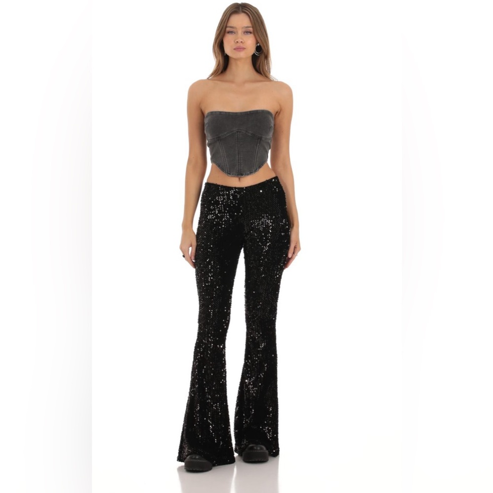 Lucy In The Sky Black Sequin Bell Bottom Flare Pant XS EDC COACHELLA